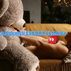 Topless woman lying on a sofa with a large teddy bear; bold blue banner text reads 'Elden Ödemeli ESCORT ELMA'da' with a cartoon red apple sticker.